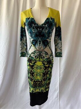 Roberto Cavalli Yellow & Teal Floral and Abstract Sheath Dress with V-Neck
